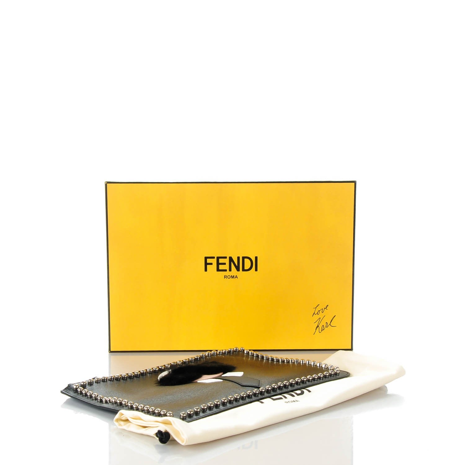Fendi Vitello Elite Flamingo Mink Karlito Studded Pouch Black White Plaster 4 of 7