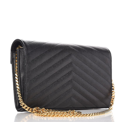 Saint Laurent Grain De Poudre Matelasse Chevron Monogram Chain Wallet Black 3 of 6