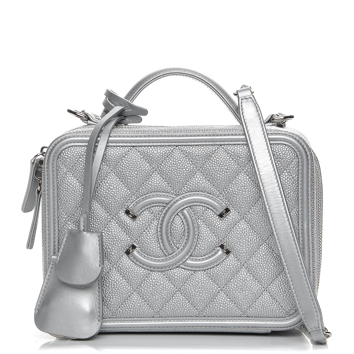 Metallic Caviar Quilted Medium CC Filigree Vanity Case Silver