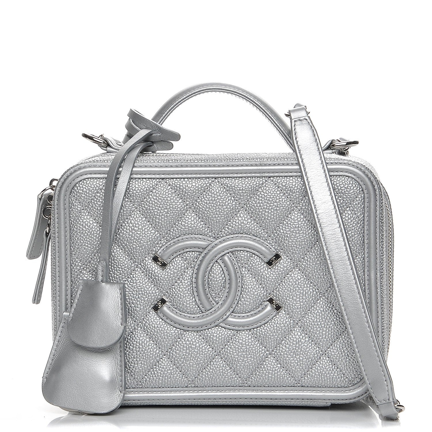 Chanel Metallic Caviar Quilted Medium CC Filigree Vanity Case Silver 1 of 10