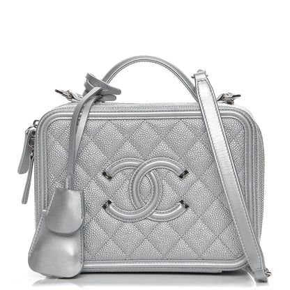 Chanel Metallic Caviar Quilted Medium CC Filigree Vanity Case Silver 1 of 10