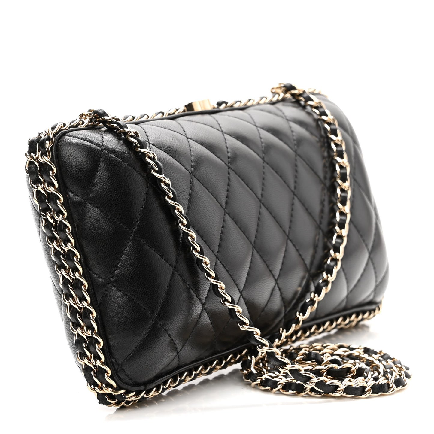 Lambskin Quilted Chain Around Clutch Black