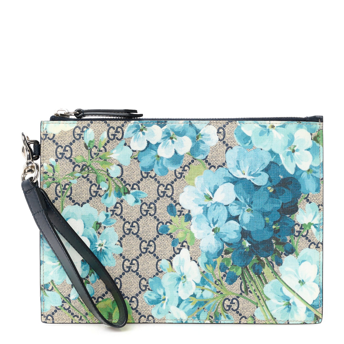 GG Supreme Monogram Blooms Small Zip Wristlet Pouch Beige Blue Black