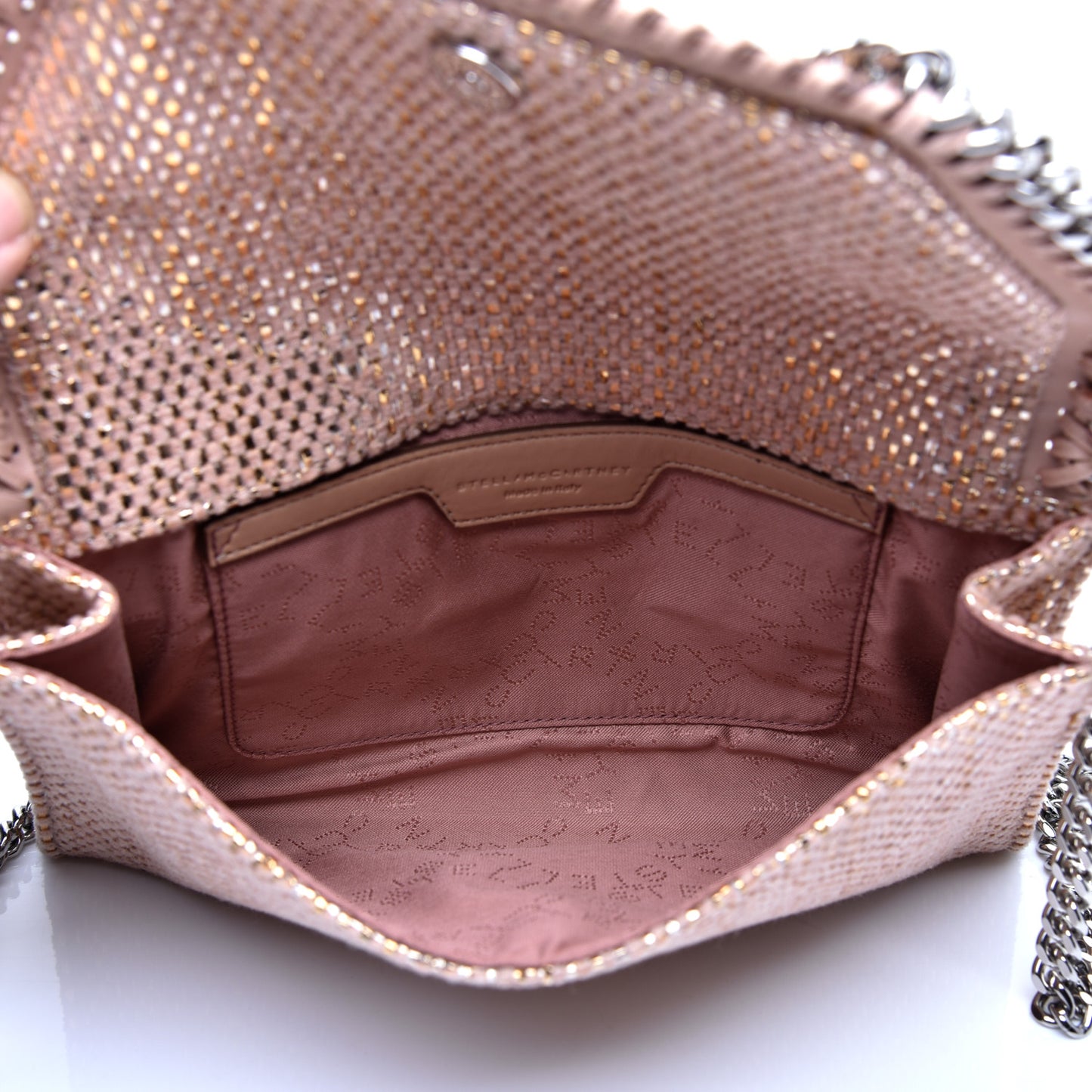 Metallic Woven Raffia Falabella Mini Crossbody Pink