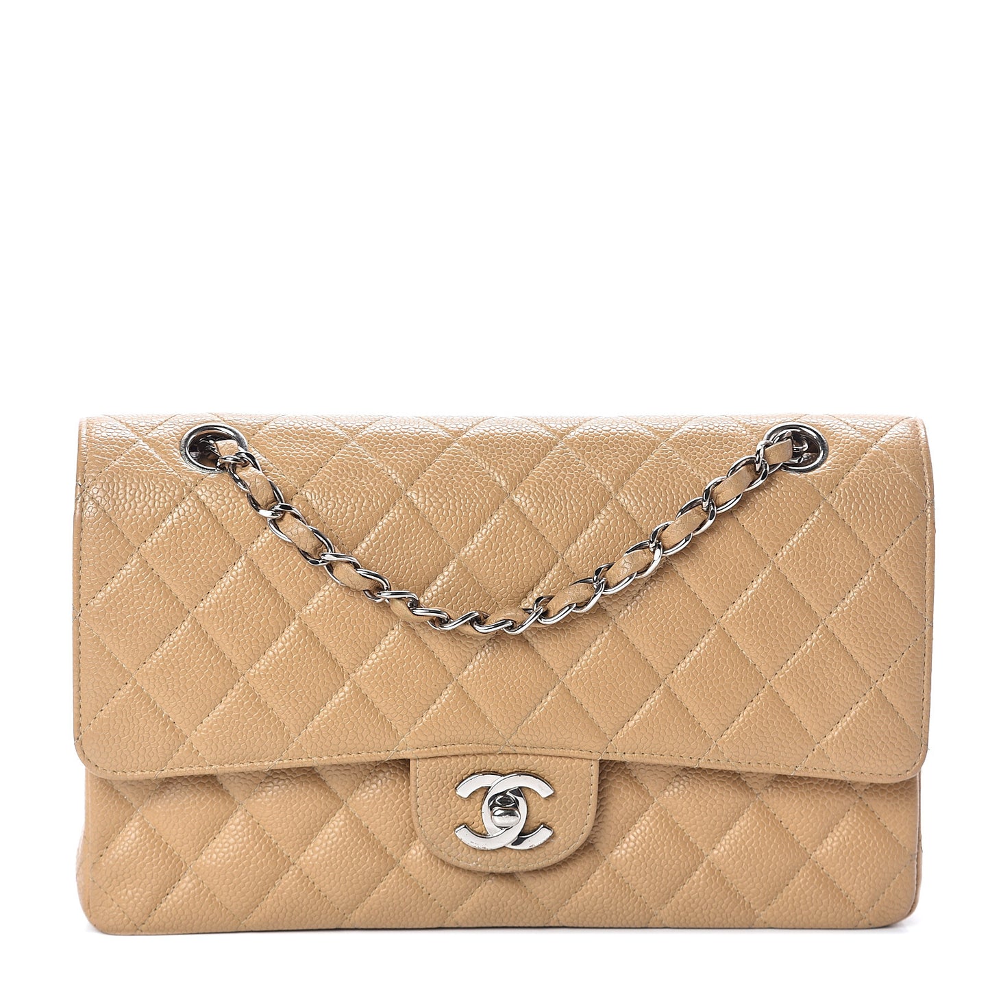 Caviar Quilted Medium Double Flap Beige