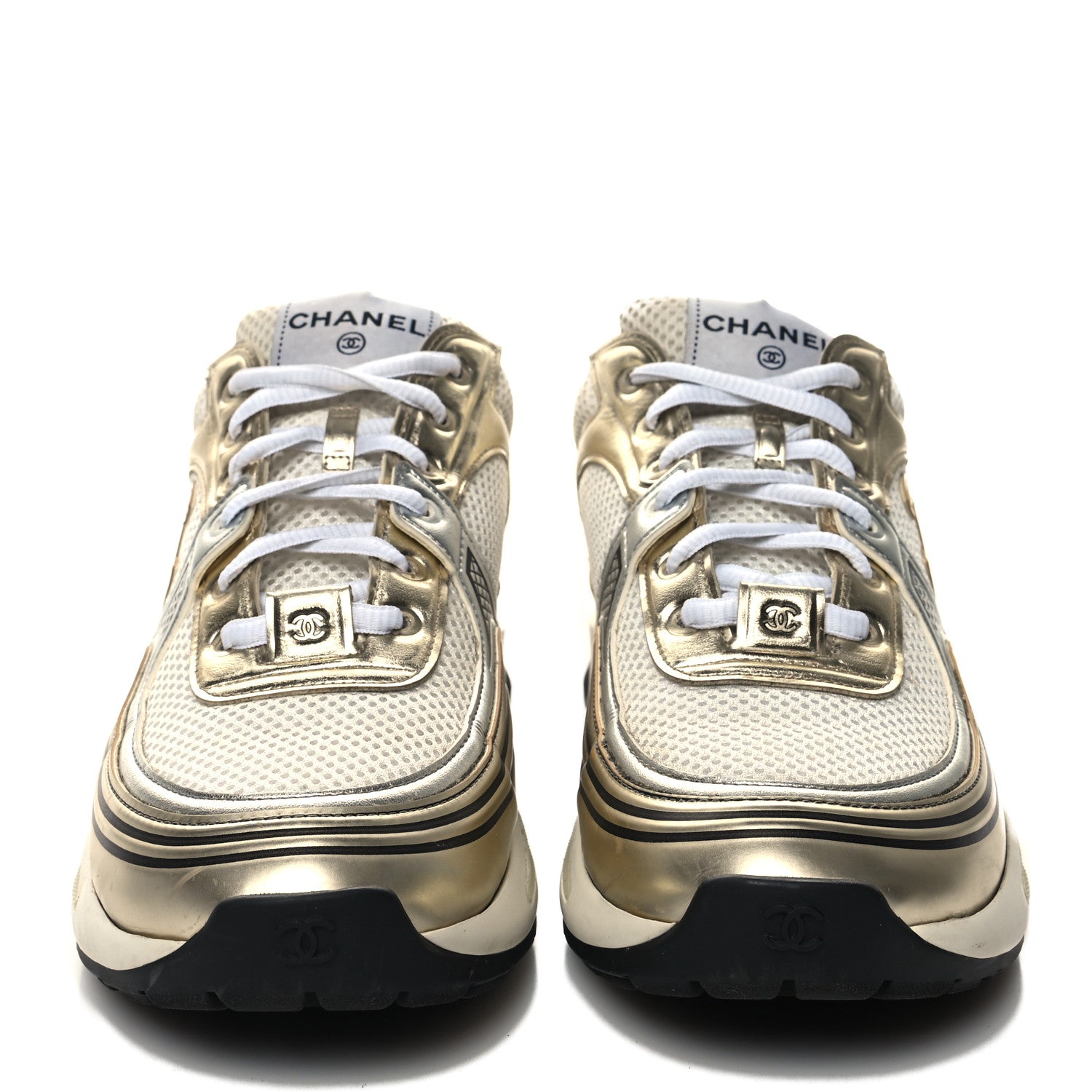 Chanel Fabric Laminated Calfskin Stretch CC Sneakers 41 White Gold