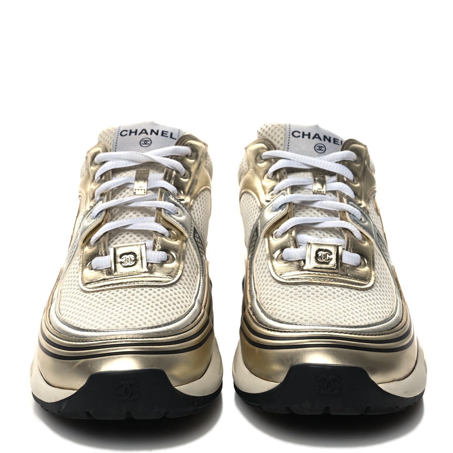 Fabric Laminated Calfskin Stretch CC Sneakers 41 White Gold Silver