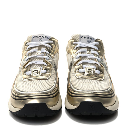 Chanel Fabric Laminated Calfskin Stretch CC Sneakers 41 White Gold Silver 2 of 10