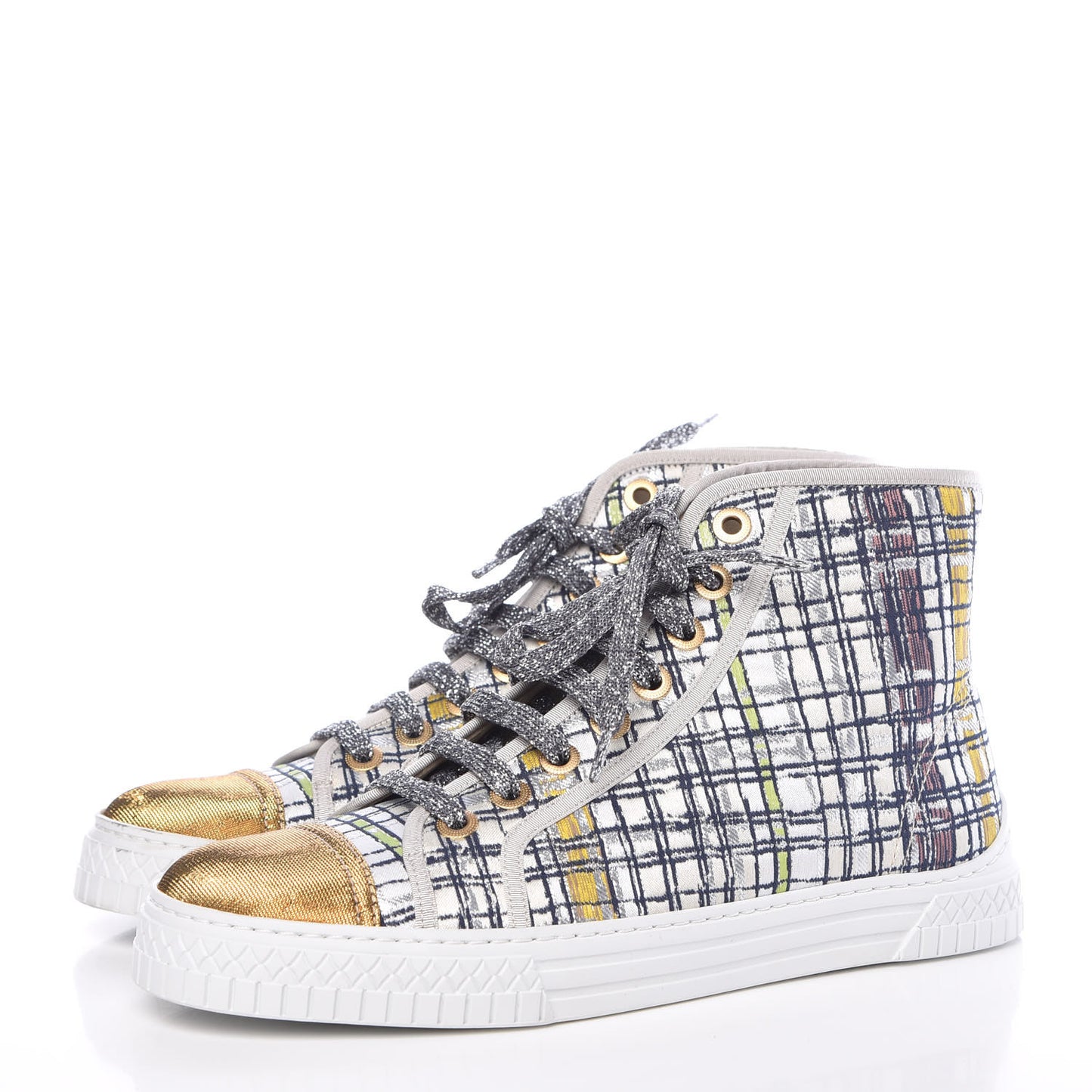 Metallic Tweed High Top Sneakers 38.5 Ecru Black Yellow Gold