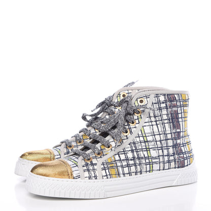 Chanel Metallic Tweed High Top Sneakers 38.5 Ecru Black Yellow Gold 3 of 11