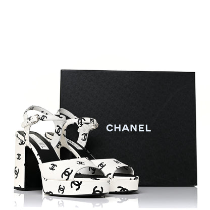 Chanel Printed Lambskin Coco Beach Platform Sandals 39 White Black 10 of 10