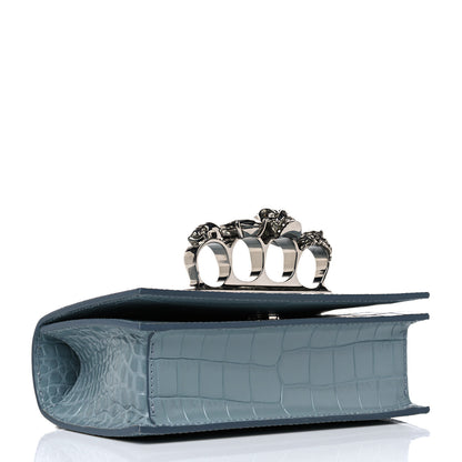 Alexander McQueen Shiny Crocodile Embossed Jeweled Satchel Blue Grey 4 of 17