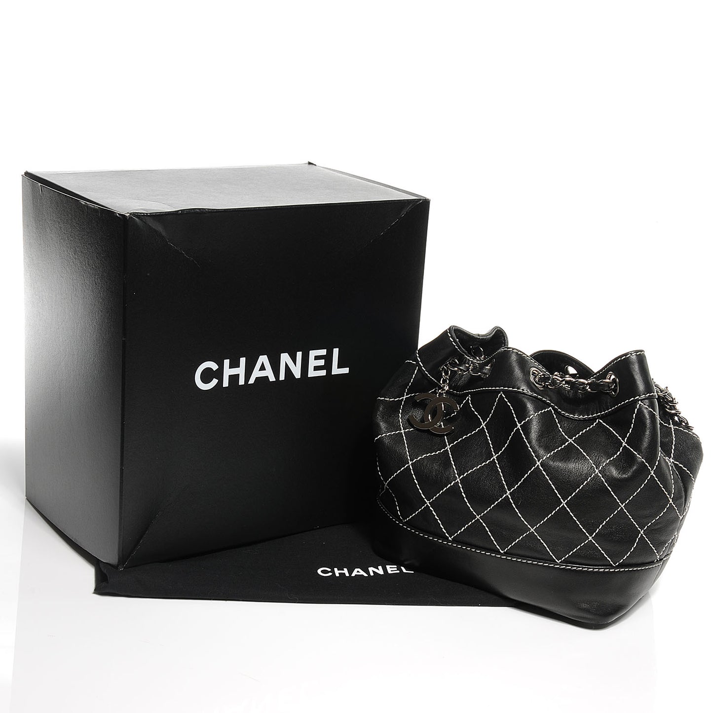 Lambskin Contrast Stitch Small Drawstring Tote Black