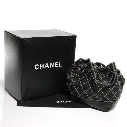 Chanel Lambskin Contrast Stitch Small Drawstring Tote Black 5 of 8