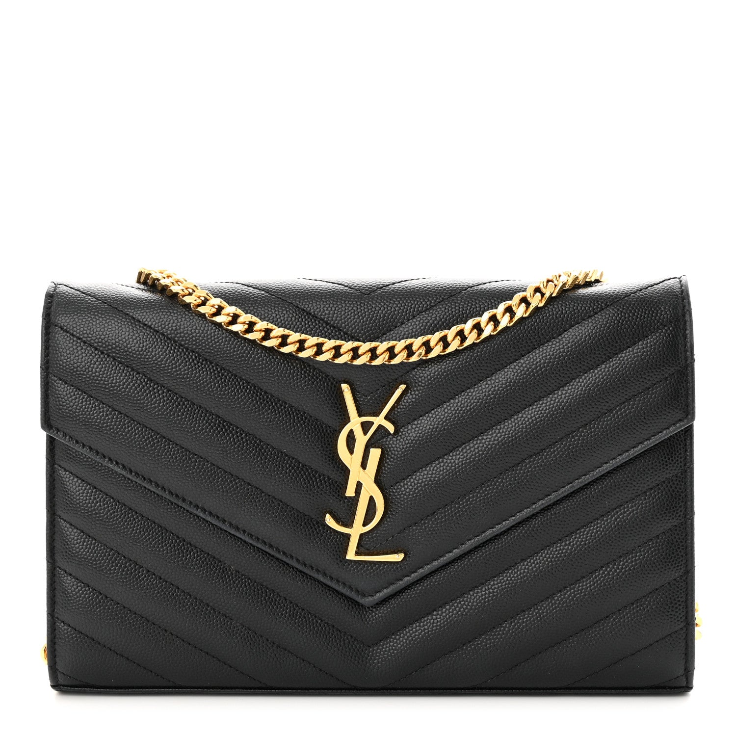 Saint Laurent Grain De Poudre Matelasse Chevron Monogram Chain Wallet Black 1 of 13