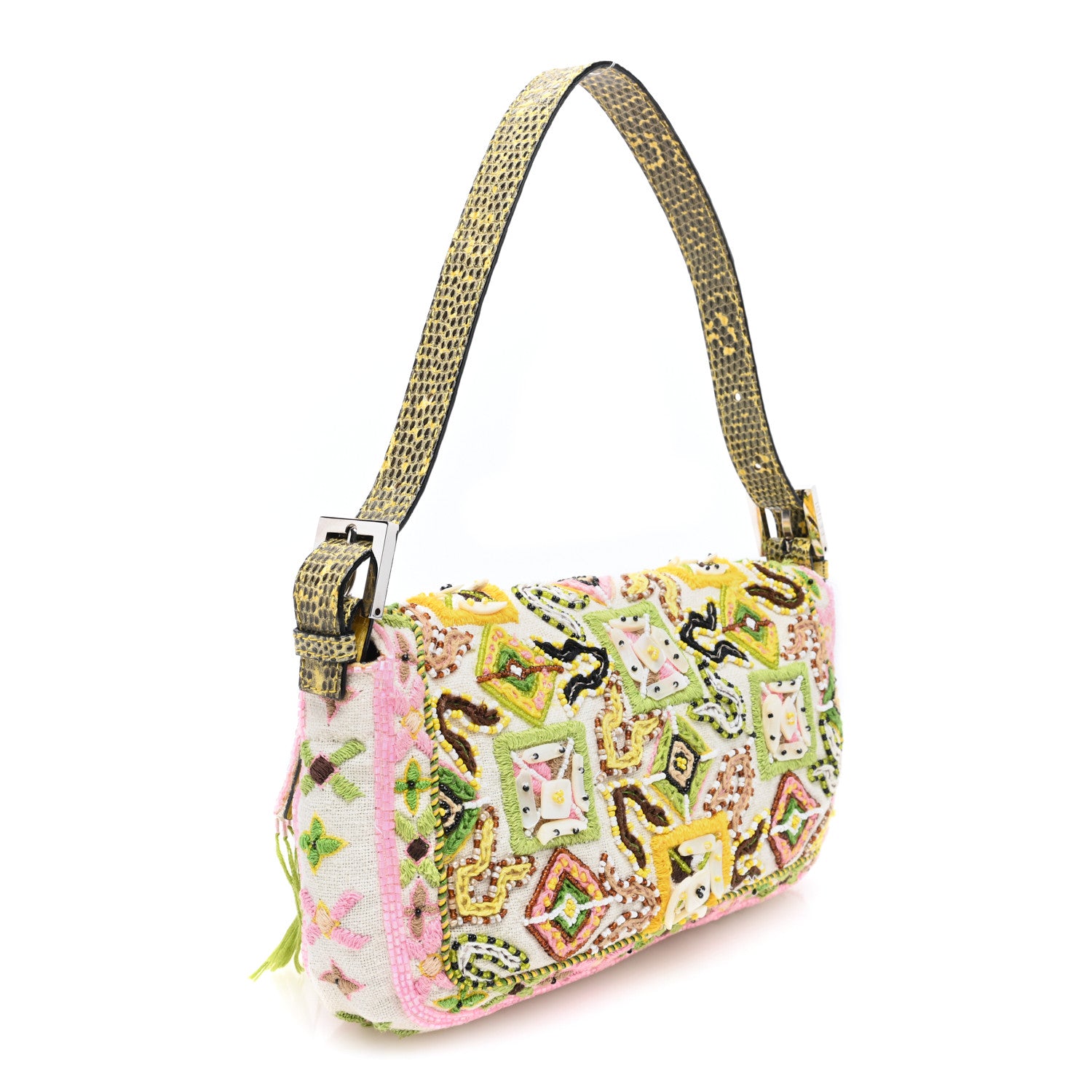 Fendi Canvas Snakeskin Beaded Baguette White Multicolor 2 of 9