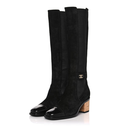 Chanel Suede Patent Calfskin CC Cork Cap Toe Tall Boots 38 Black 3 of 8