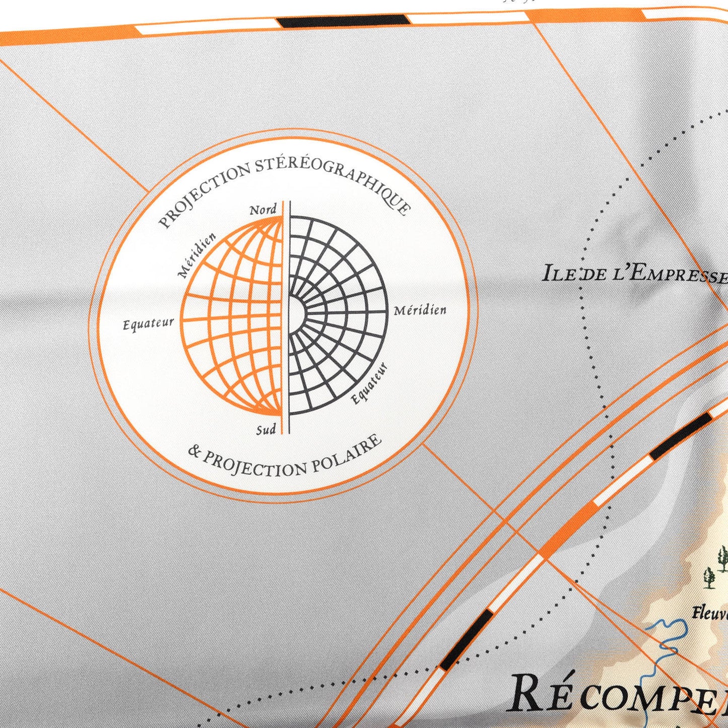 Silk Planisphere d'un Monde Equestre Shawl 140 Gris Black Orange