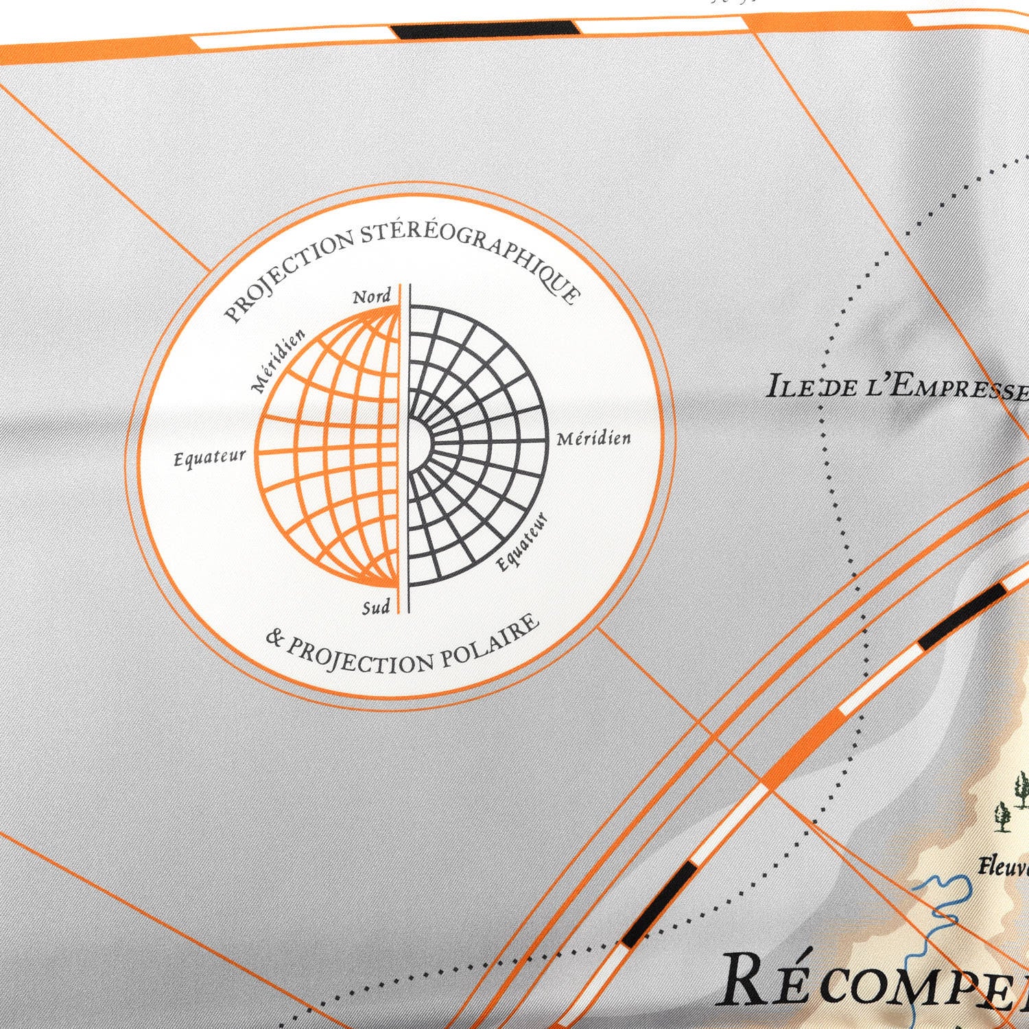 Hermes Silk Planisphere d'un Monde Equestre Shawl 140 Gris Black Orange 3 of 6