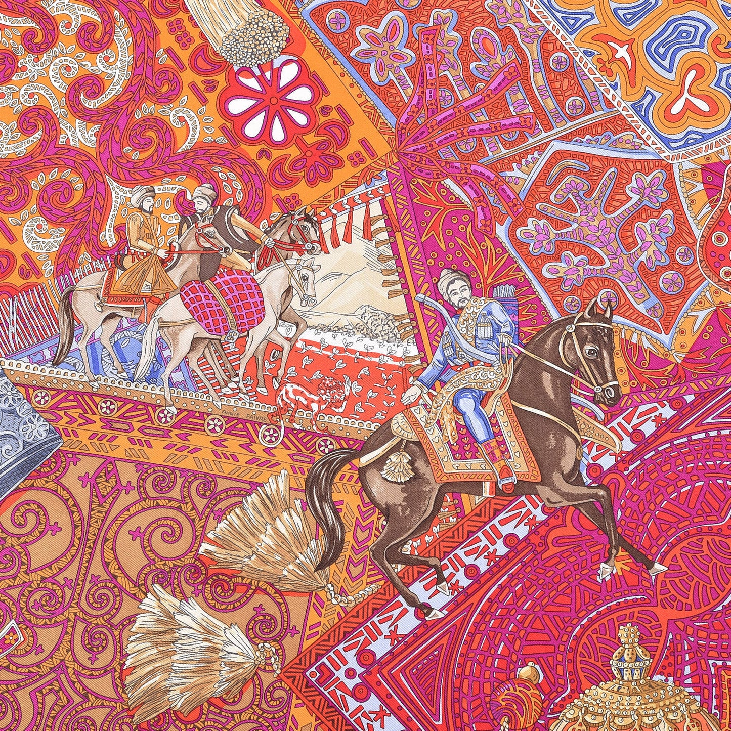 Silk Cavaliers du Caucase Scarf 90 Orange Fuchsia Parme