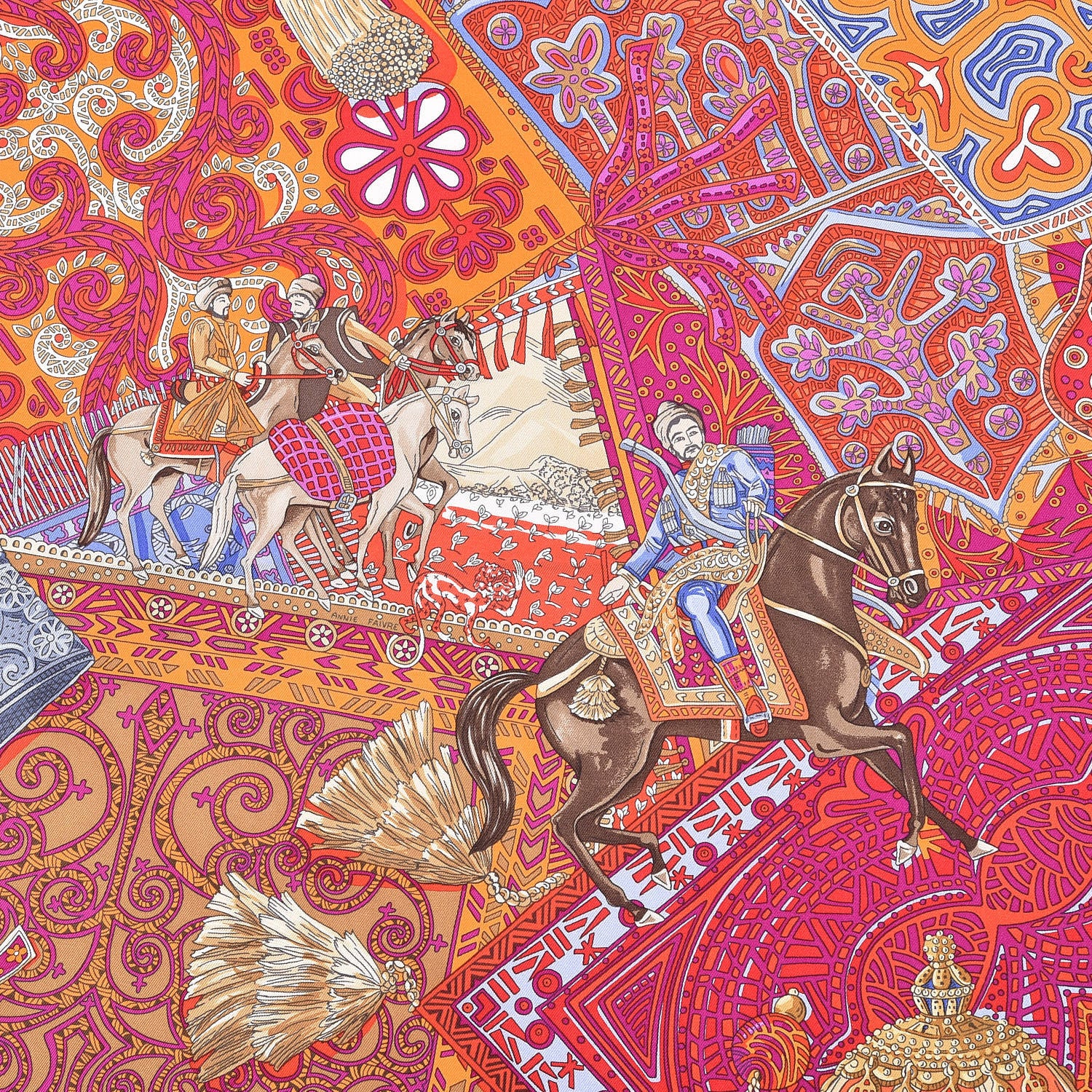 Hermes Silk Cavaliers du Caucase Scarf 90 Orange Fuchsia Parme 6 of 7