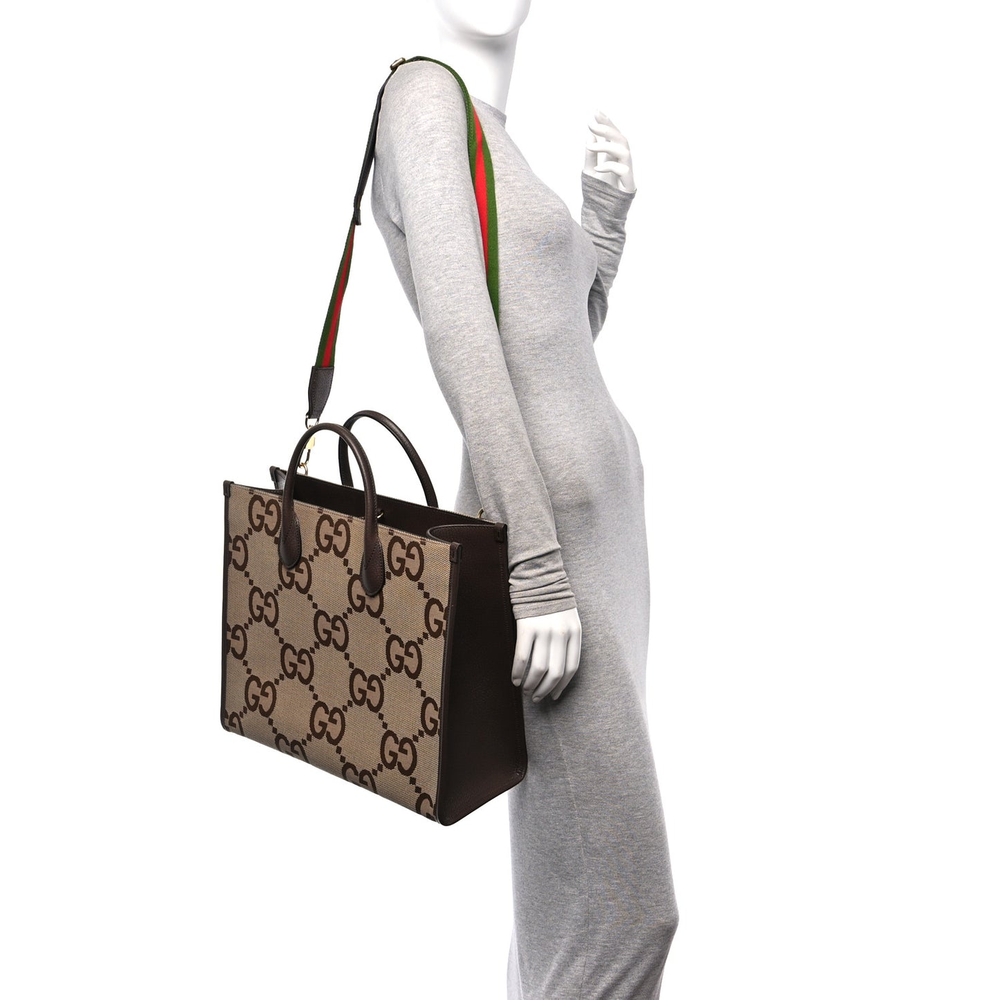 Monogram Jumbo GG Textured Dollar Calfskin Web Tote Bag Camel Ebony New Acero