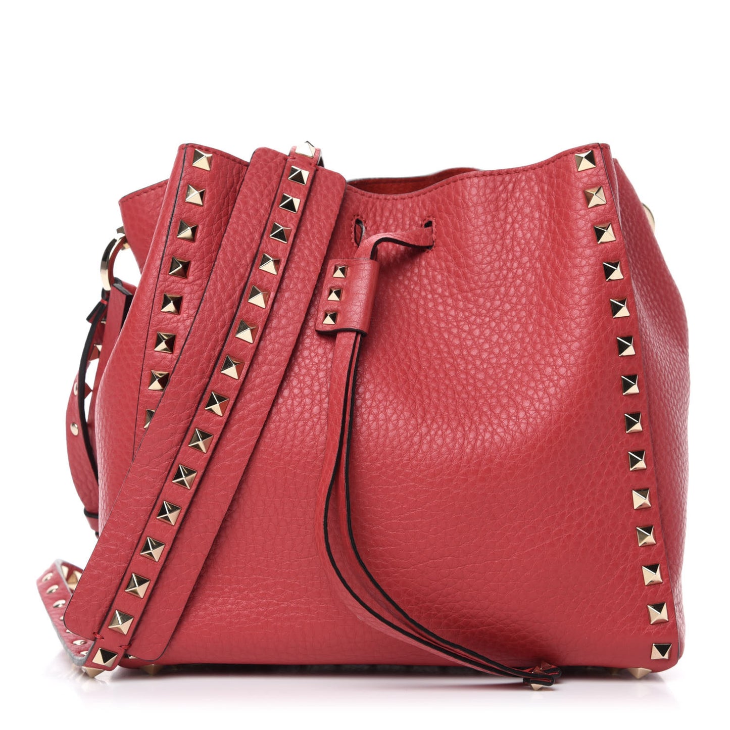 Grained Calfskin Small Rockstud Bucket Bag Red