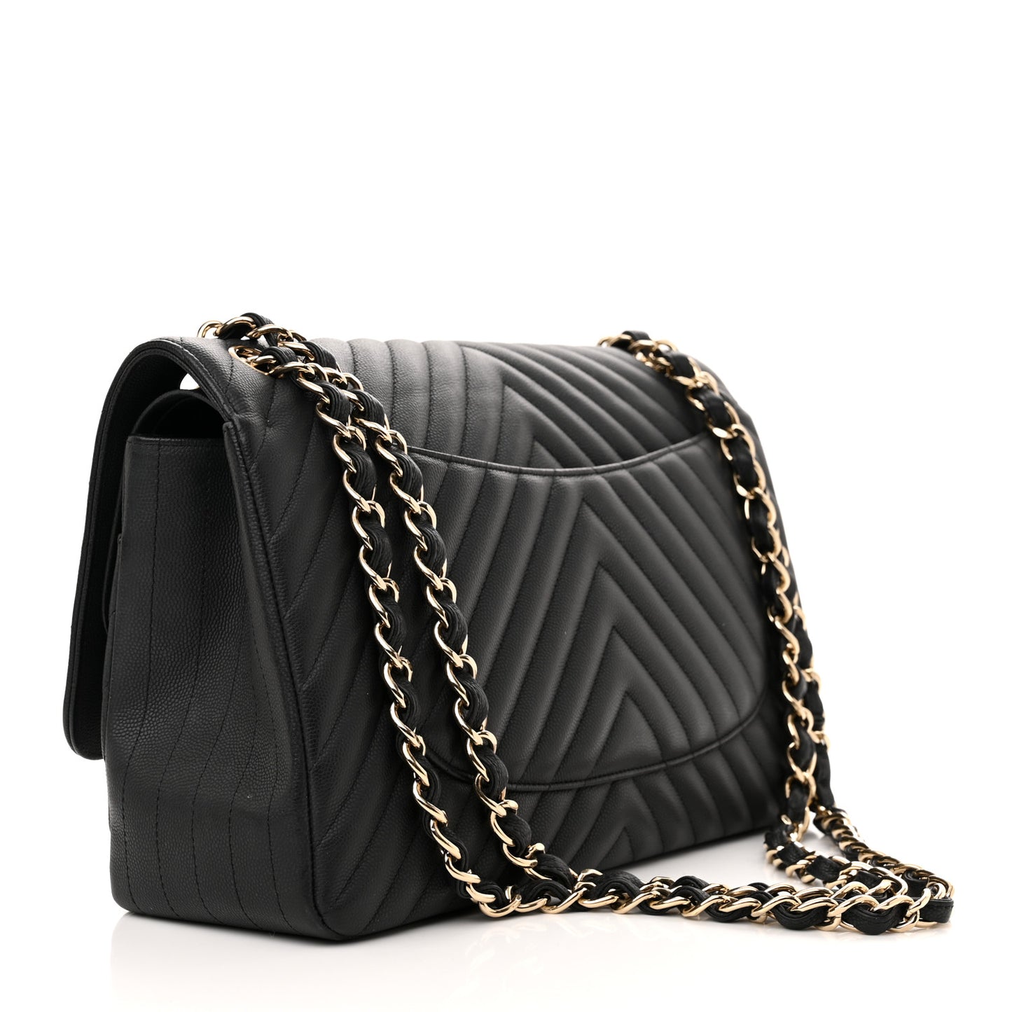 Caviar Chevron Quilted Jumbo Double Flap Black