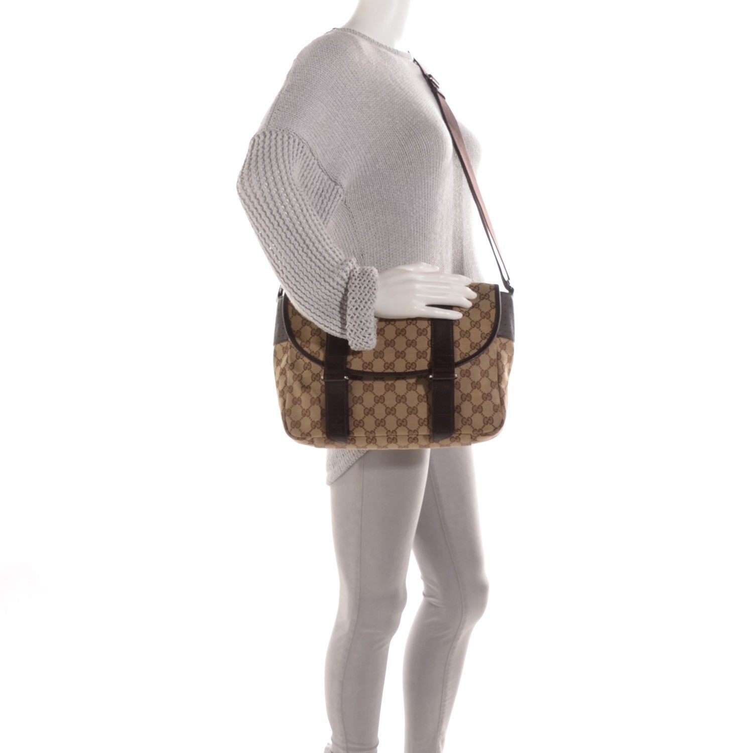 Gucci Monogram Medium Double Buckle Flap Messenger Bag Beige Dark Brown 2 of 11