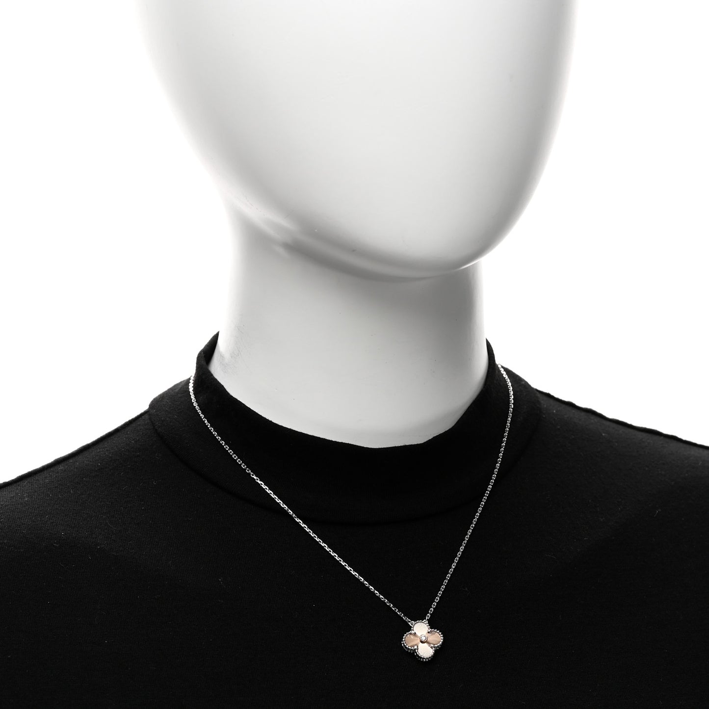 18K White Rose Gold Diamond Guilloche Vintage Alhambra Pendant Necklace