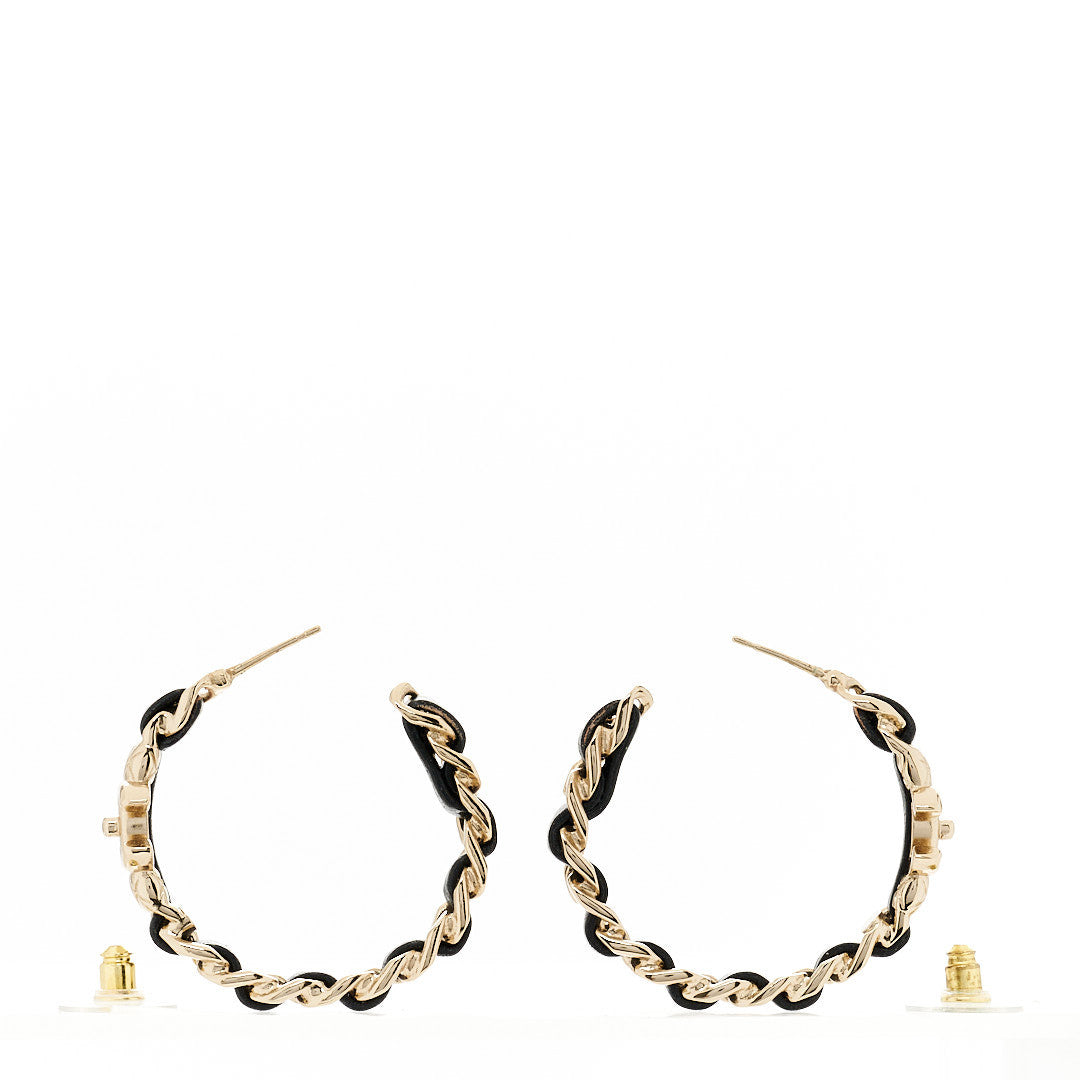 Metal Lambskin Quilted CC Turnlock Chain Hoop Earrings Gold Black