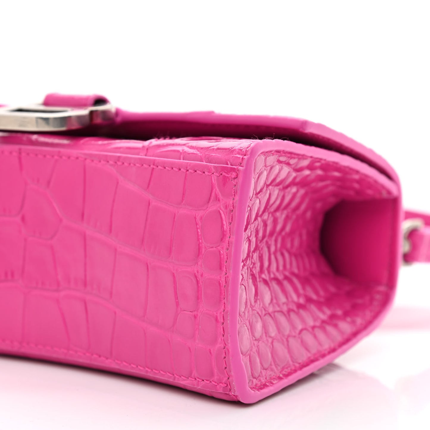 Shiny Calfskin Crocodile Embossed Hourglass Top Handle Bag XS Lipstick Pink
