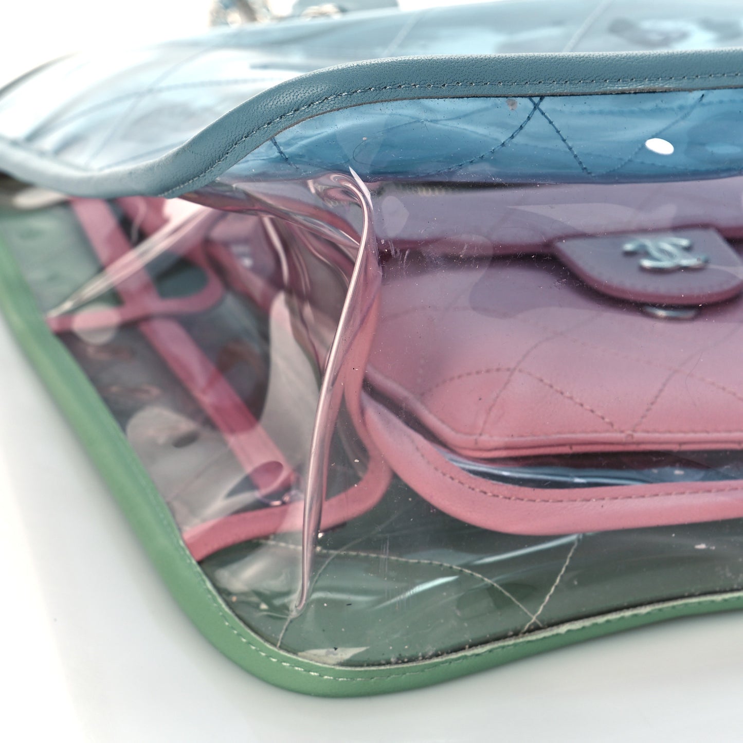 PVC Lambskin Stitched Medium Coco Splash Shopping Bag Blue Green Pink