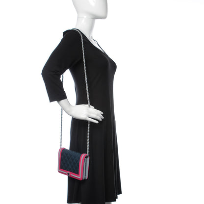 Chanel Canvas Quilted Fluo Boy Wallet On Chain WOC Dark Navy Fuchsia Grey 2 of 11