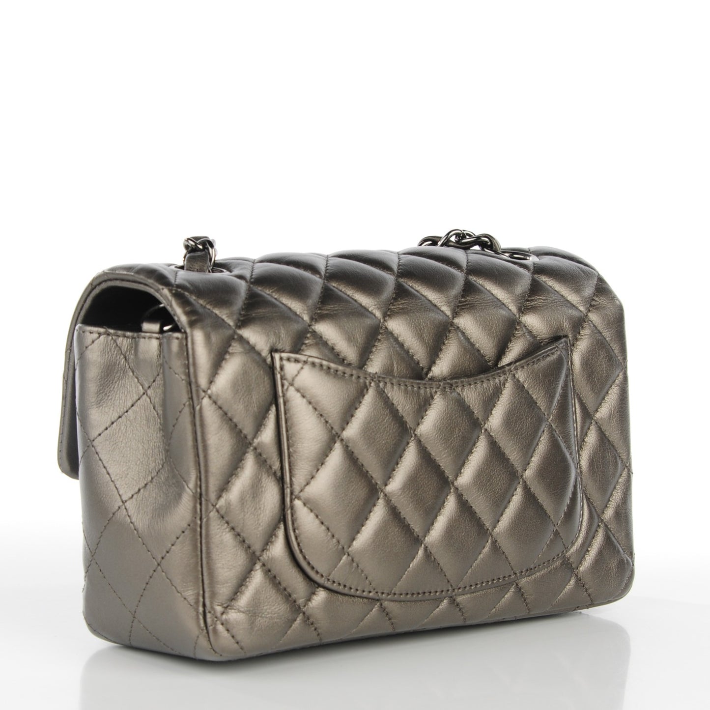 Metallic Lambskin Quilted Mini Rectangular Flap Pewter