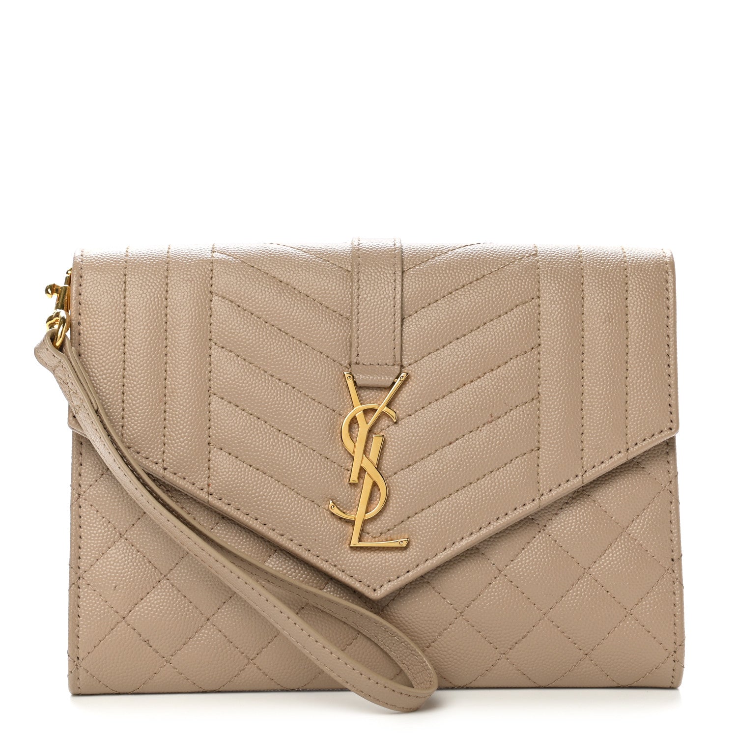 Saint Laurent Grain De Poudre Textured Mixed Matelasse Triquilt Monogram Clutch Dark Beige 1 of 7