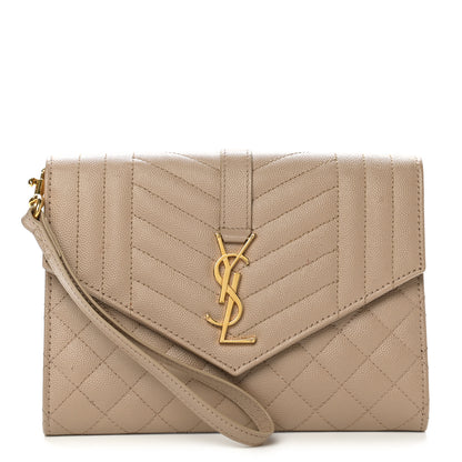 Saint Laurent Grain De Poudre Textured Mixed Matelasse Triquilt Monogram Clutch Dark Beige 1 of 7