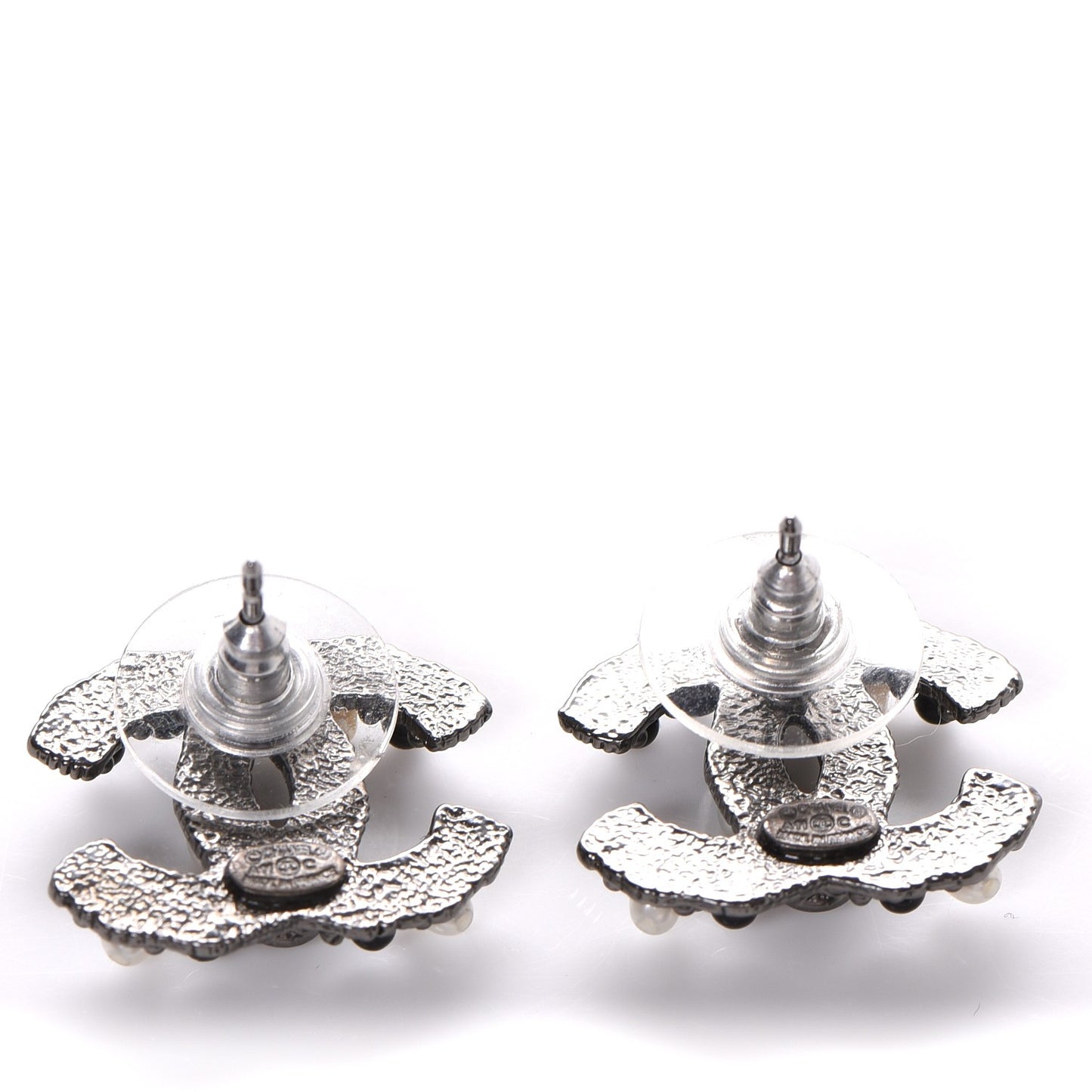 Pearl Bead CC Earrings Dark Silver
