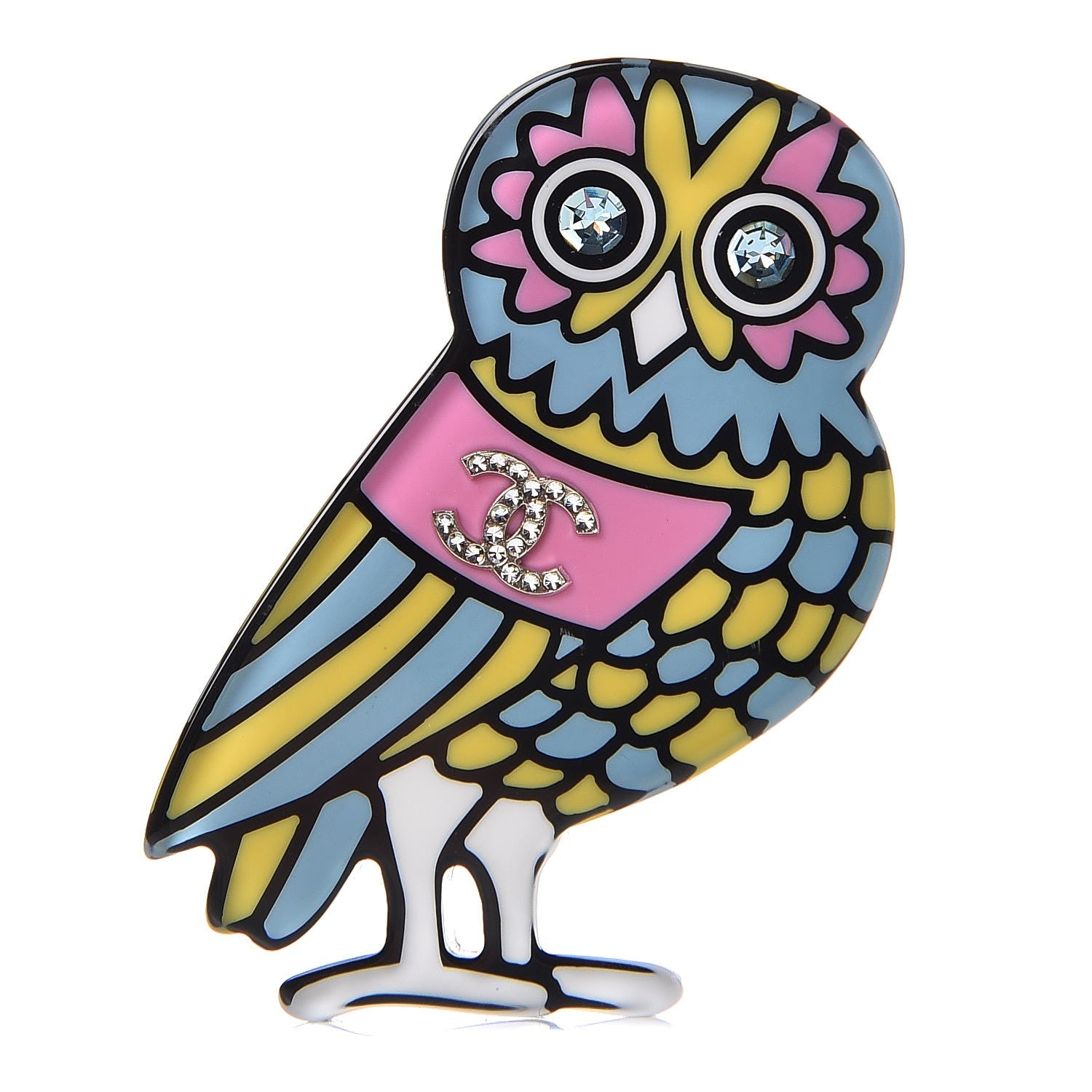 Chanel Resin Crystal Owl CC Brooch Blue Yellow Golden 1 of 4