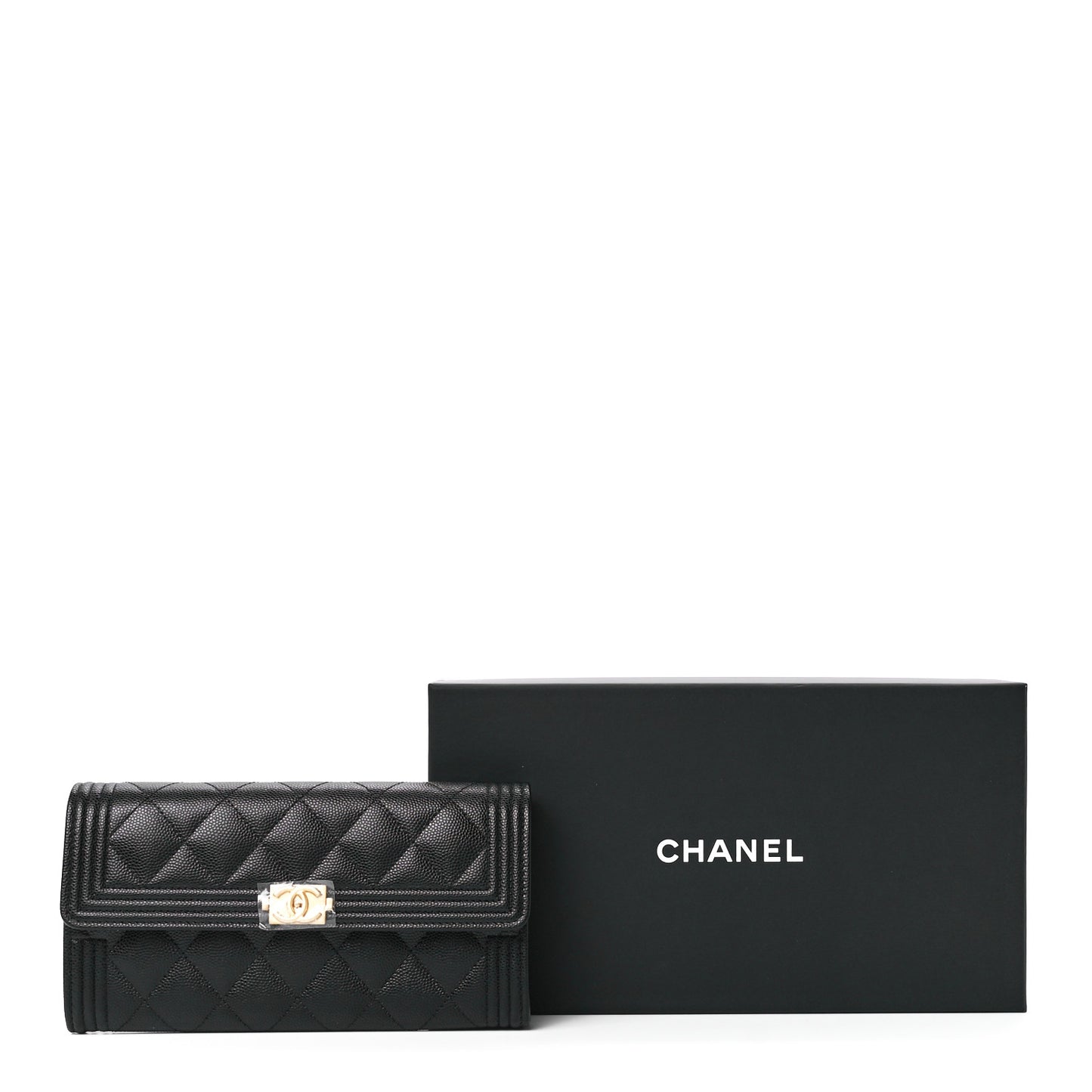 Caviar Quilted Large Boy Gusset Flap Wallet Black