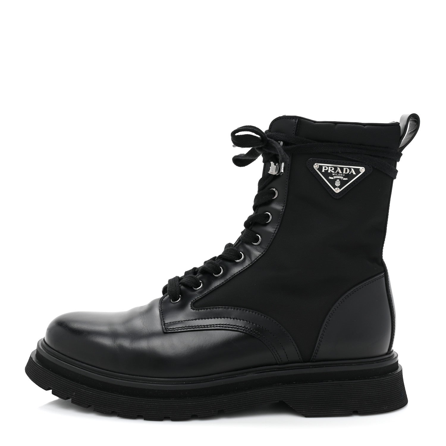 Prada Spazzolato Rois Re-Nylon Metal Triangle Logo Mens 40mm Combat Boots 9.5 Black 1 of 13