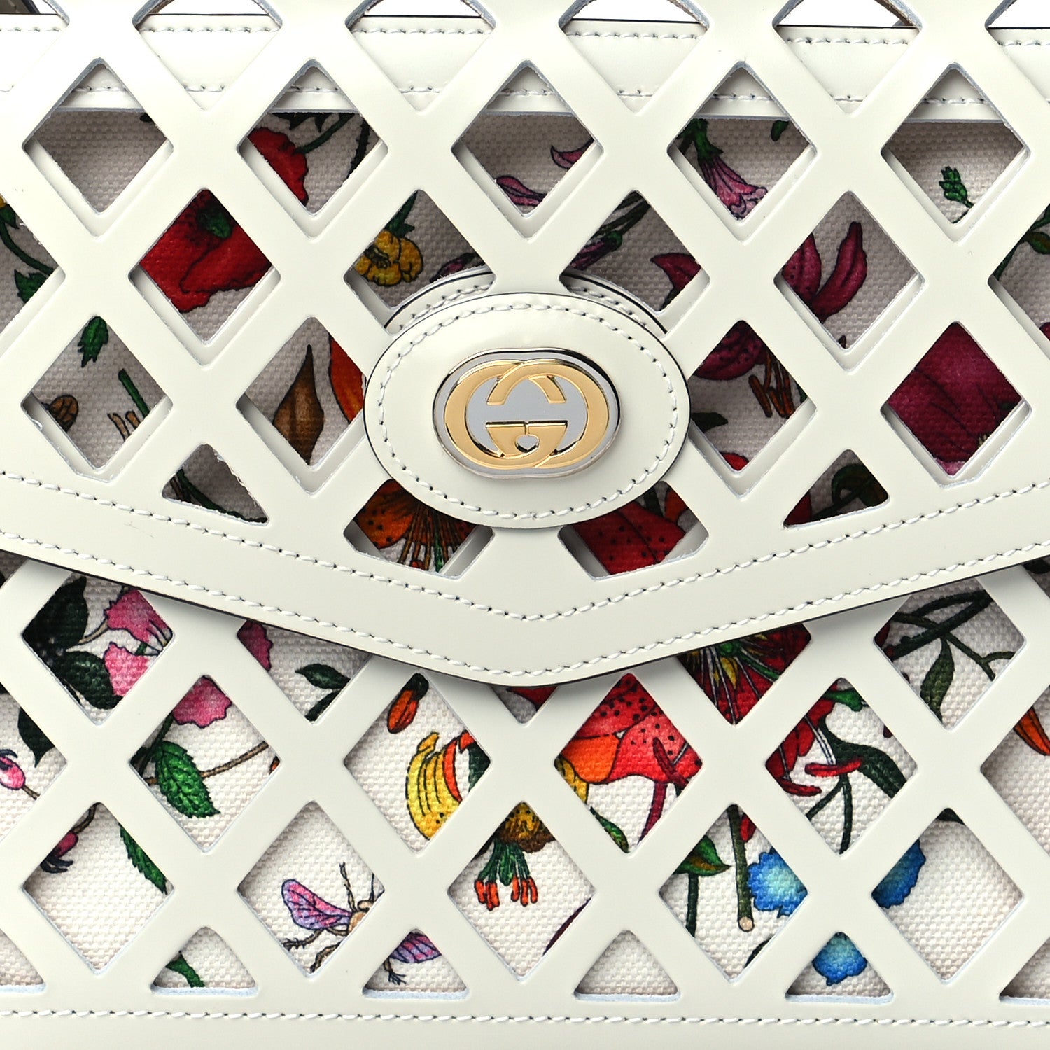Gucci Canvas Flora Floral Calfskin Medium Cutout Shoulder Bag White Multicolor 9 of 11