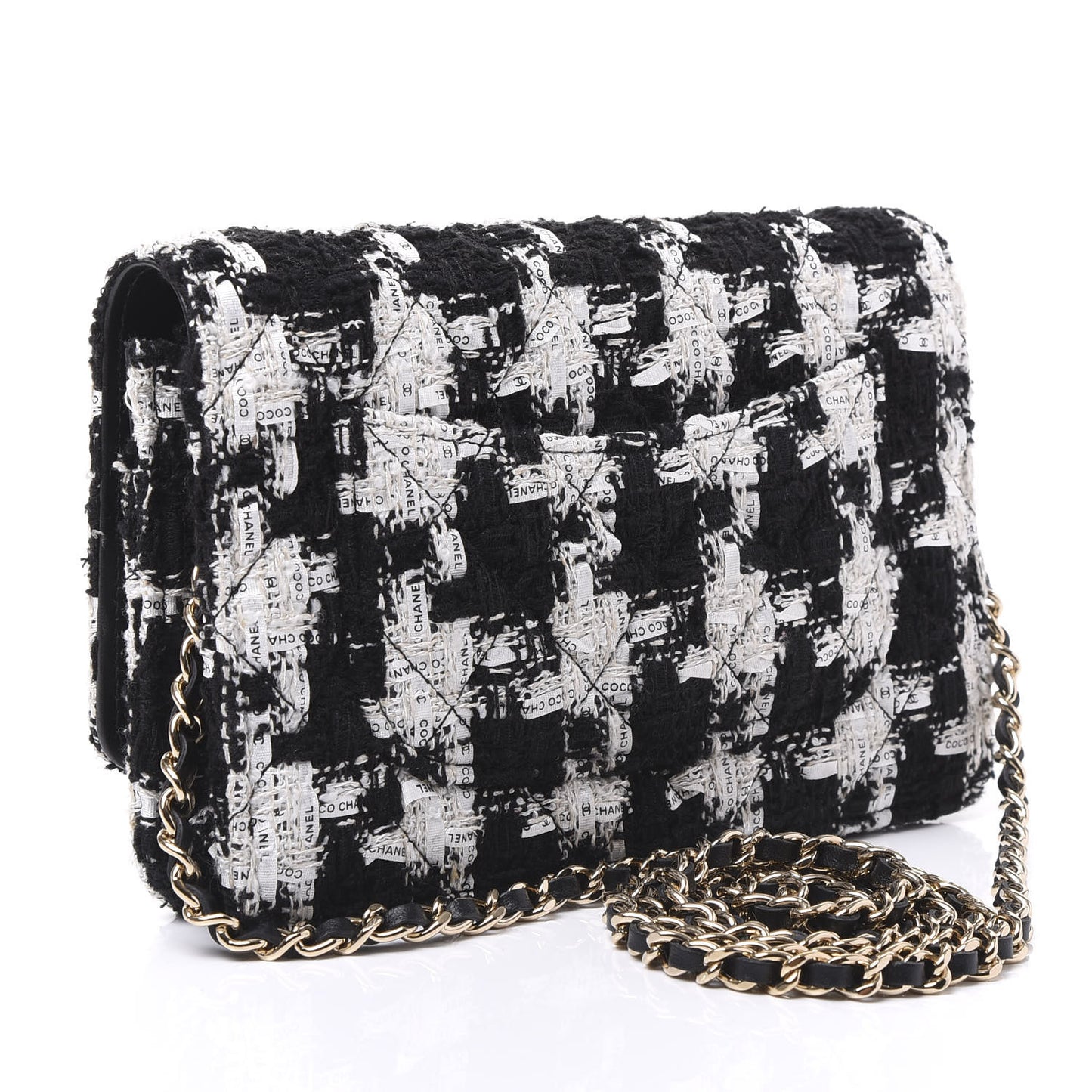 Tweed Quilted Wallet On Chain WOC Black Ecru White