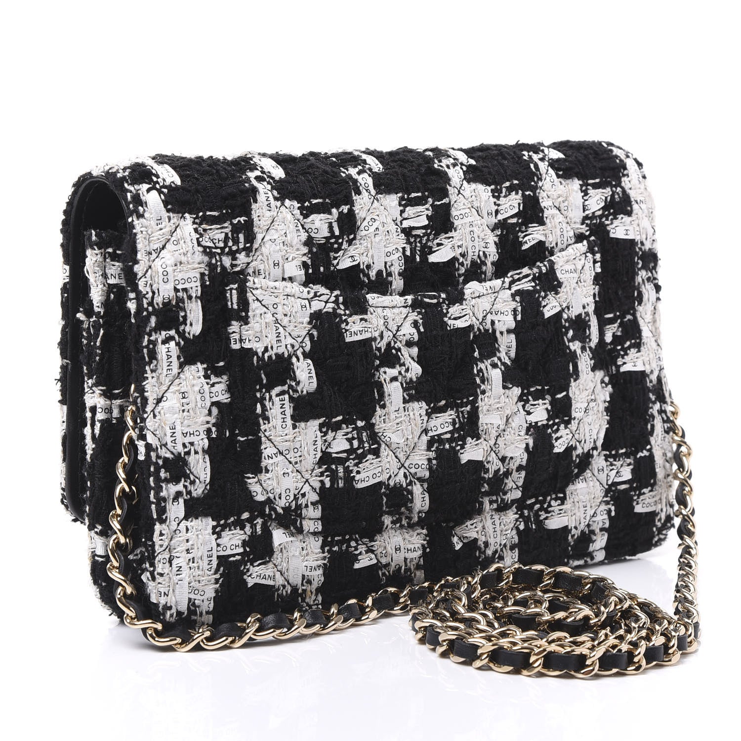 Chanel Tweed Quilted Wallet On Chain WOC Black Ecru White 2 of 11