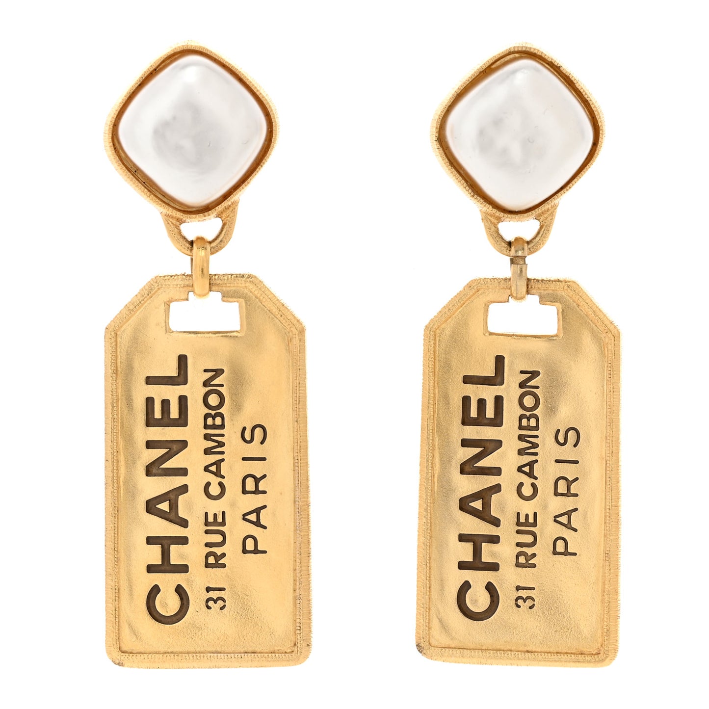 Pearl CC Tags Drop Earrings Gold