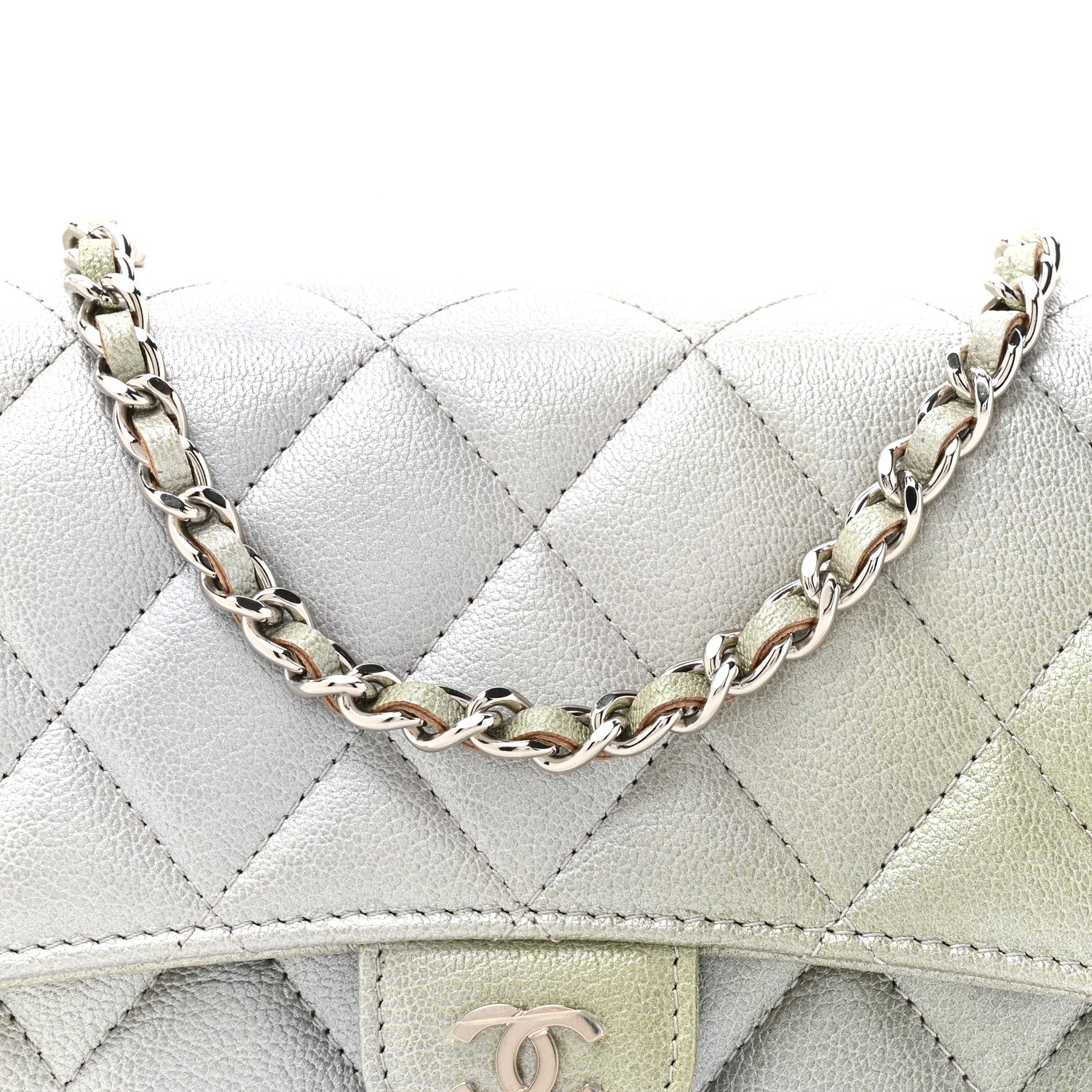 Chanel Metallic Goatskin Quilted Ombre Phone Holder Wallet on Removable Chain Grey Green 11 of 13