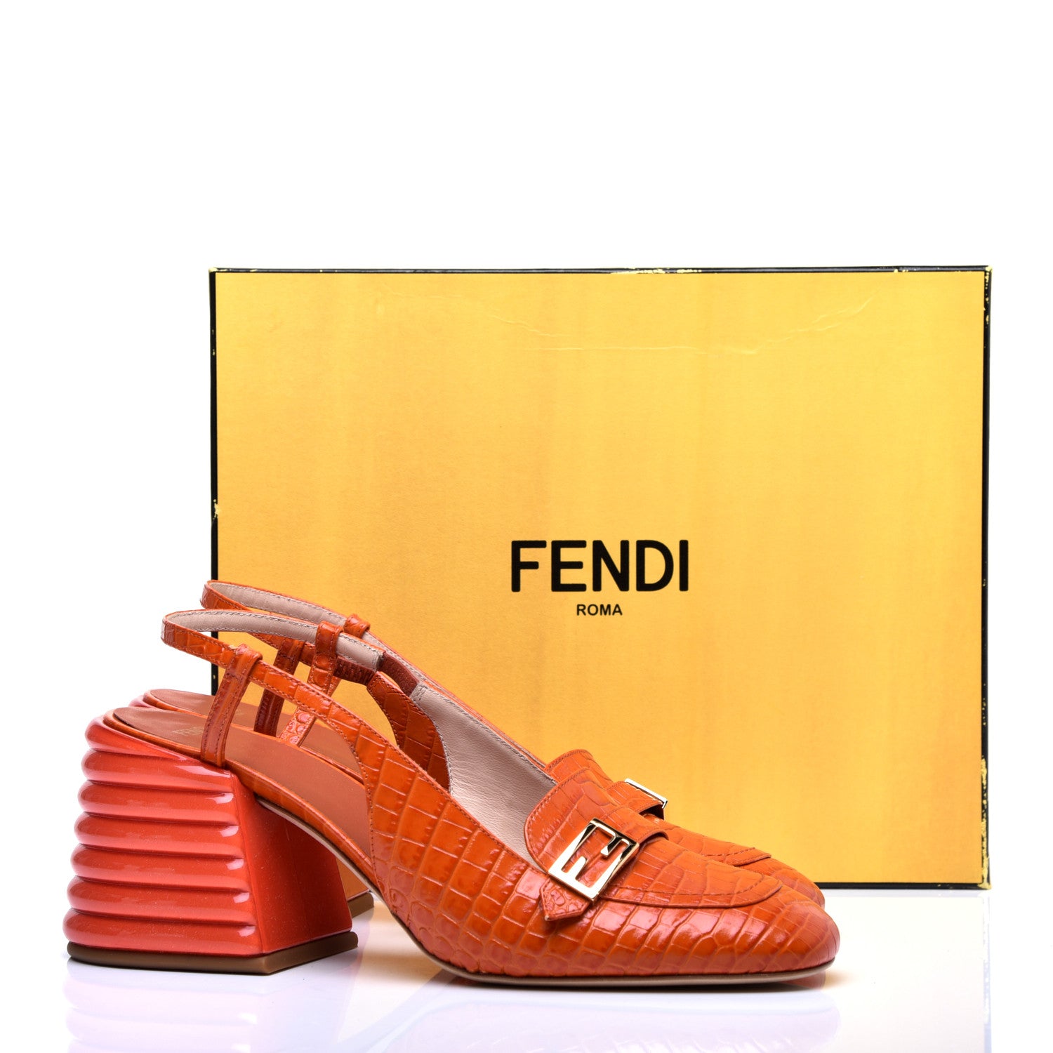 Fendi Calfskin Crocodile Embossed Promenade Slingback Loafer Pumps 41 Rust 8 of 8