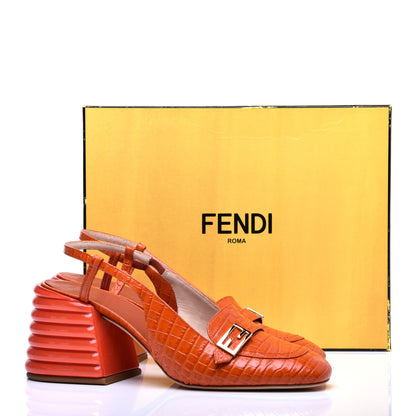 Fendi Calfskin Crocodile Embossed Promenade Slingback Loafer Pumps 41 Rust 8 of 8