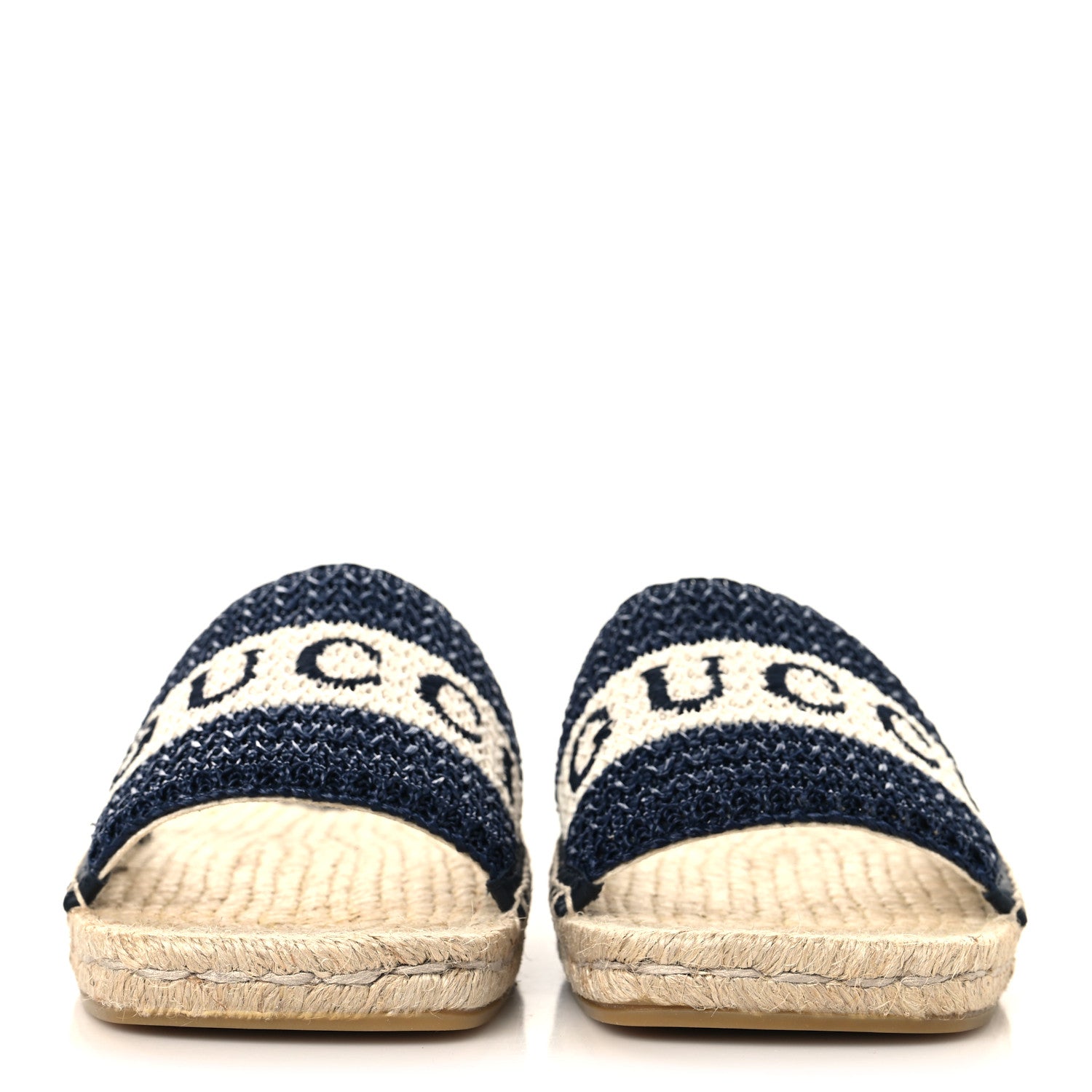 Gucci Macrochet Raffia Logo Flat Slide Espadrille Sandals 37.5 Blue Great White 3 of 10