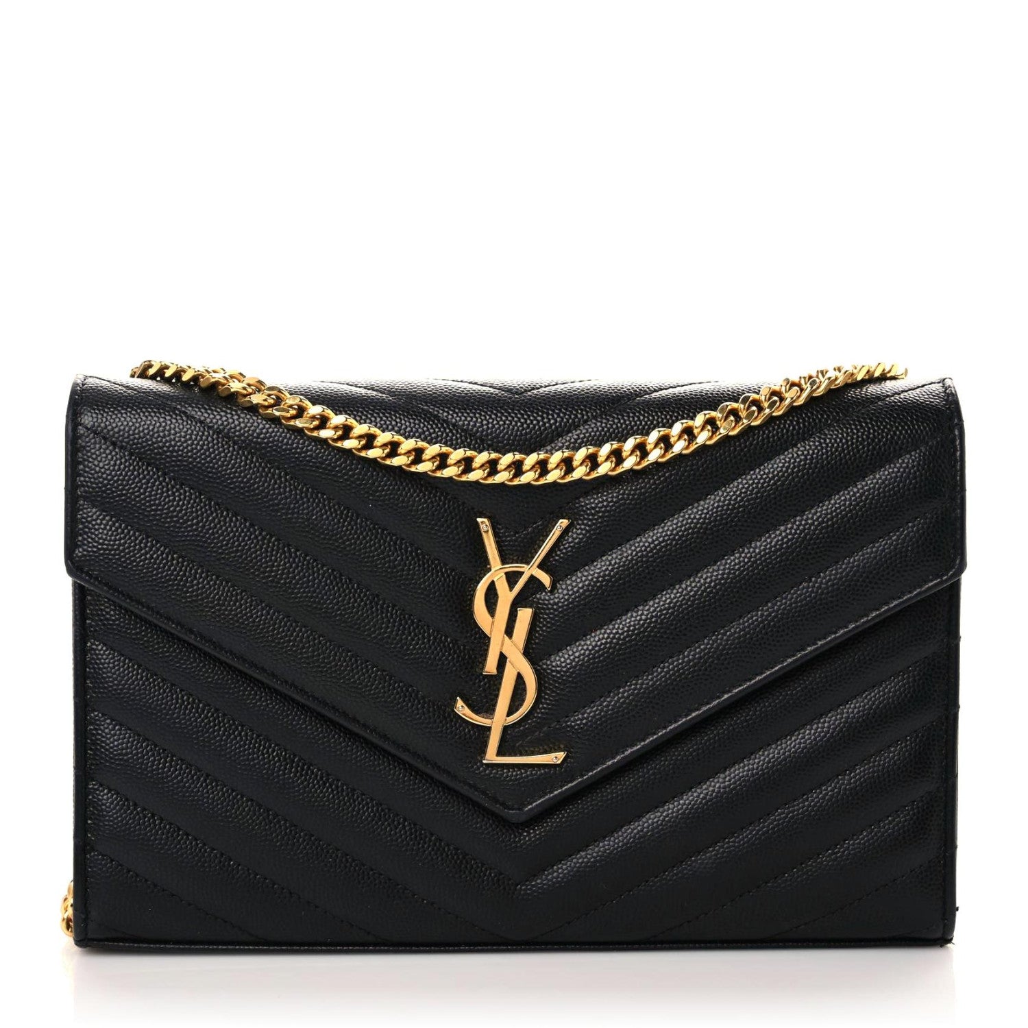 Saint Laurent Grain De Poudre Matelasse Chevron Monogram Chain Wallet Black 1 of 17
